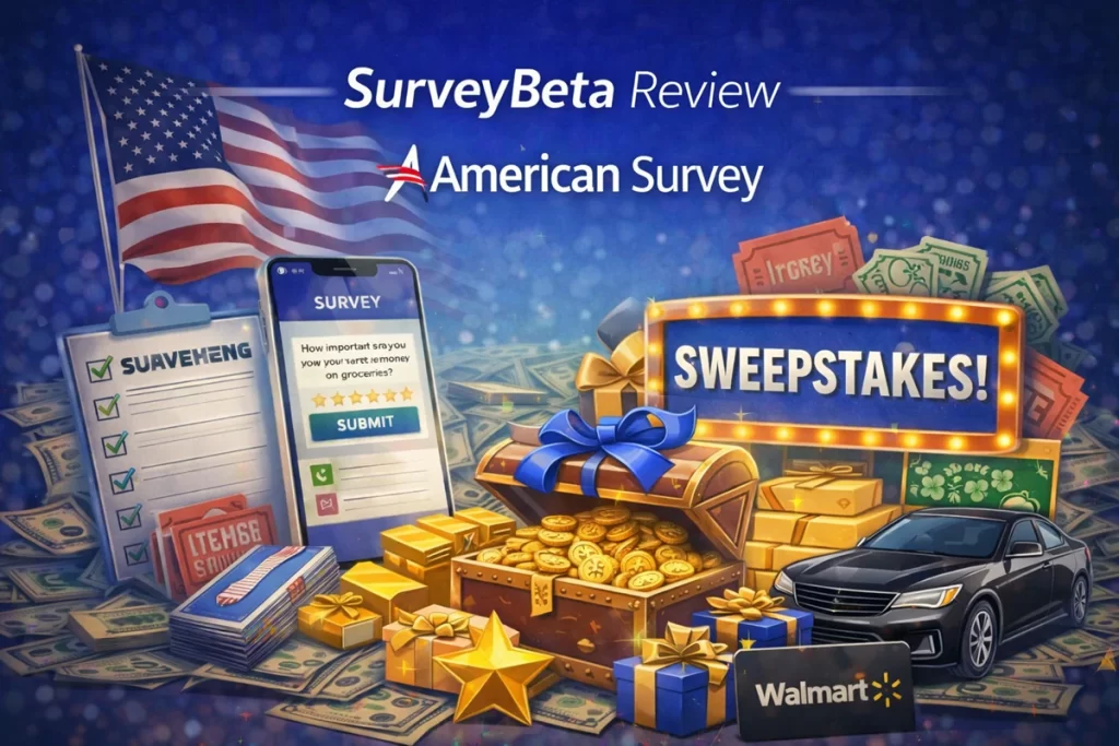 American Survey sweepstakes rewards featured in SurveyBeta review showing surveys, prizes, and gift cards
