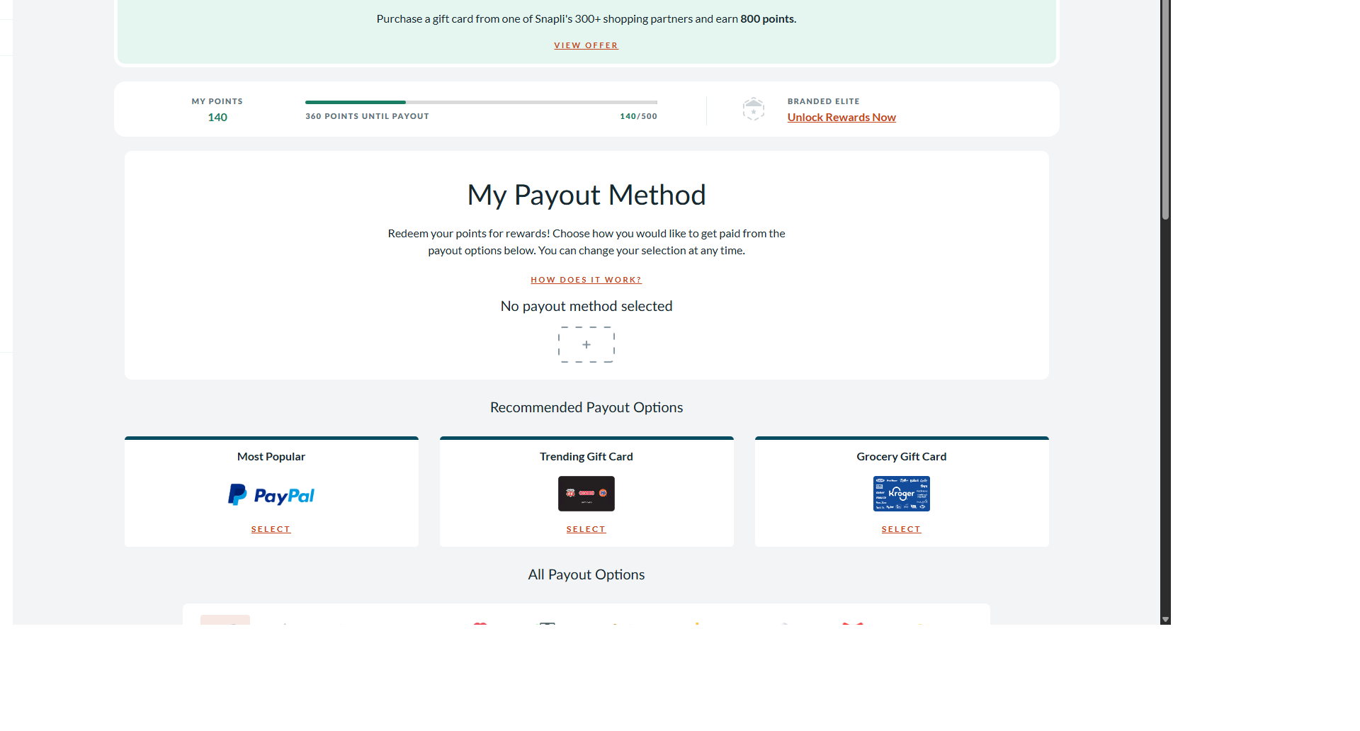 screenshot of Branded Survey rewards page and how you can cash out your balance