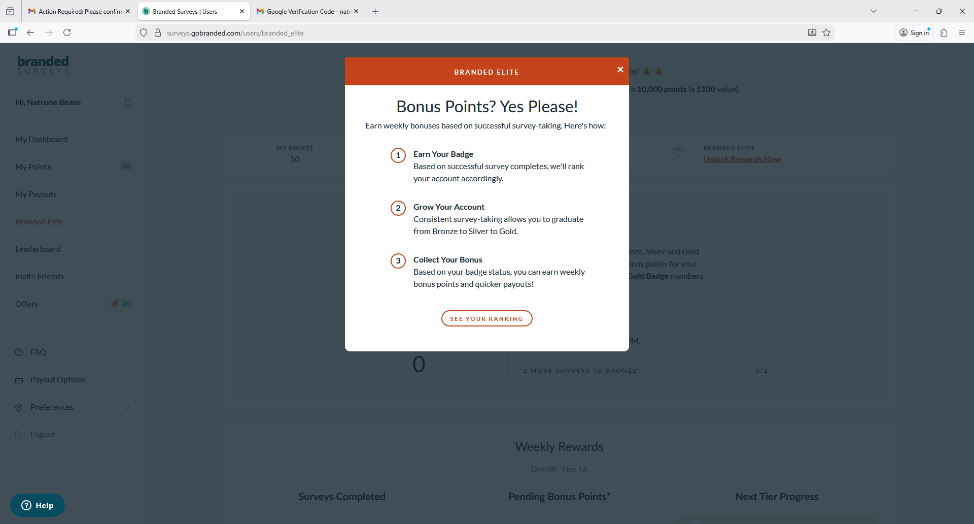 Screenshot of Branded Surveys bonus section and how to earn bonus points.