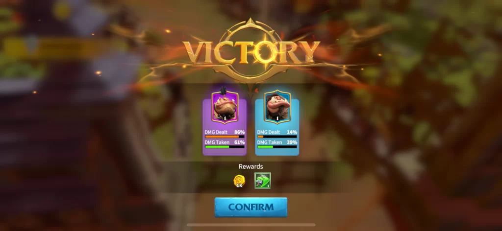 Call of Dragons battle victory screen showing damage stats and rewards