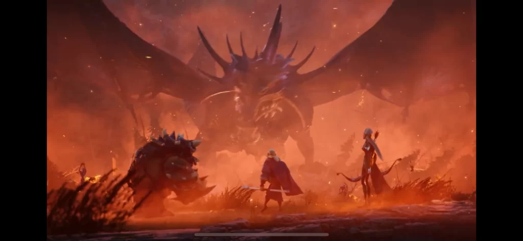 Call of Dragons cinematic scene featuring a dragon boss encounter