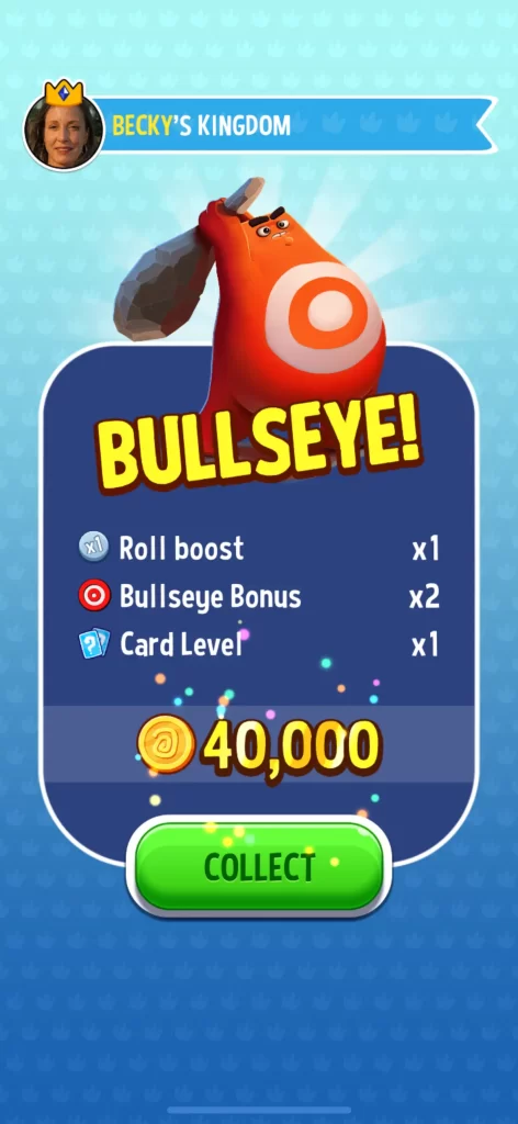 Dice Dreams bullseye bonus screen with coin reward and roll multipliers