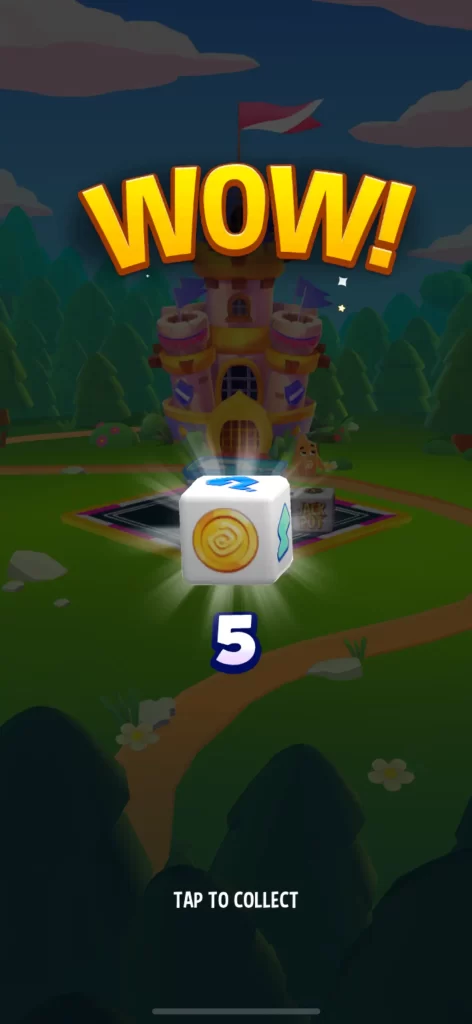 Dice Dreams bullseye bonus screen with coin reward and roll multipliers