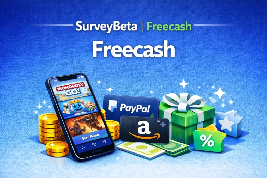 Freecash review showing paid games like Monopoly GO and Dice Dreams with rewards featured by SurveyBeta