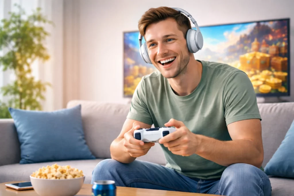 Man playing a video game at home using a game controller and headphones