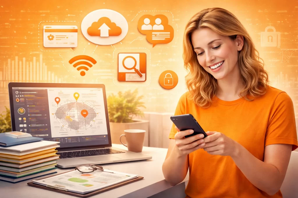 Woman using a smartphone with data and privacy icons in a modern digital workspace