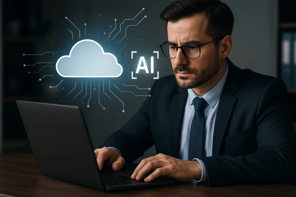 Professional working on a laptop representing paid cloud-based AI training work