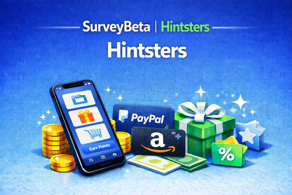 Hintsters review showing paid surveys, reward points, and PayPal gift card payouts featured by SurveyBeta