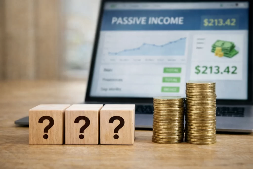 Question blocks and stacked coins illustrating how much users can earn with passive income apps