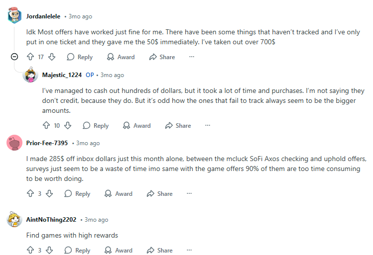 Screenshot of reddit comments discussing the benefits and drawbacks of Inbox Dollars.
