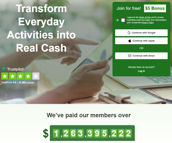 Screenshot of the inbox dollars sign up page showing the sign up fields.