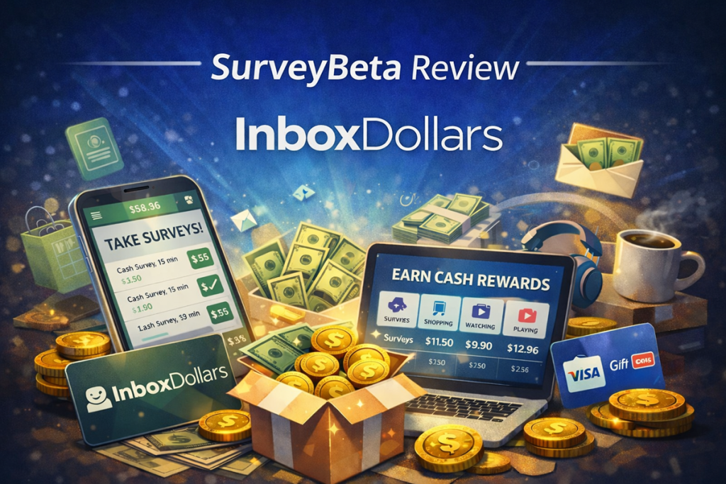 InboxDollars review showing how users earn cash rewards from surveys, shopping, and videos on SurveyBeta