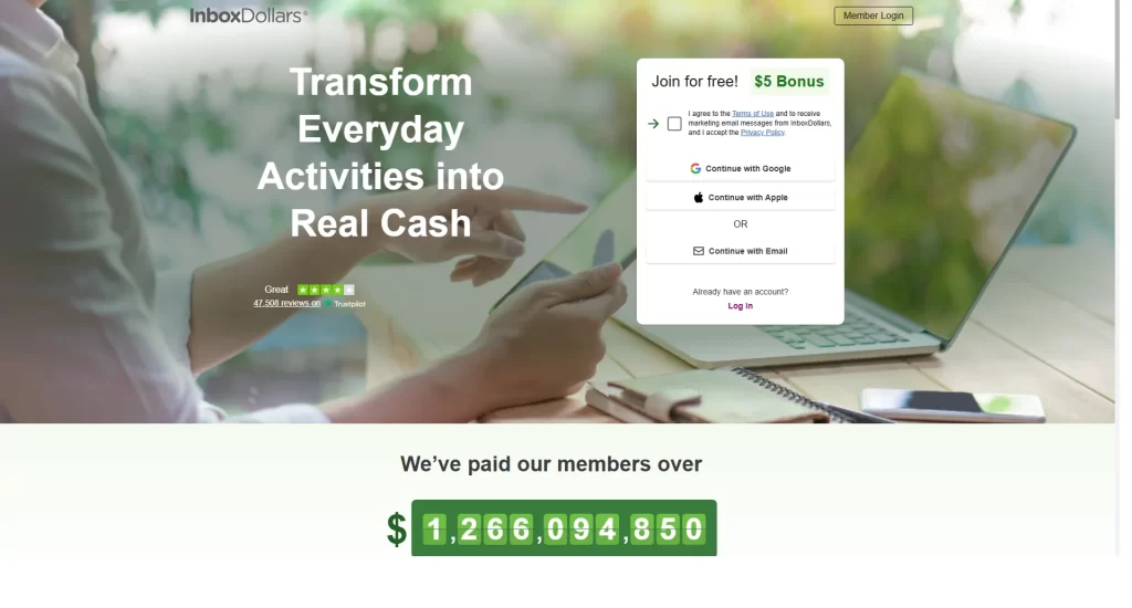 InboxDollars sign-up page showing cash bonus offer and earnings total