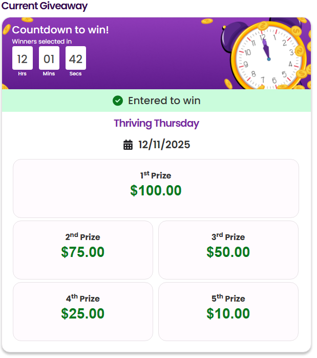 screenshot of kashkicks daily rewards sections where winners are picked at random daily.