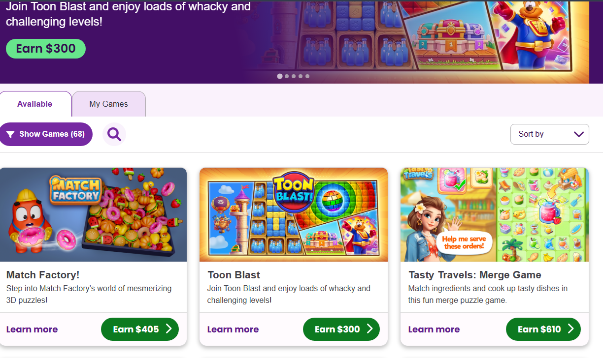 screenshot of kashkicks games page where users have chances to download games and play them to earn cash or rewards