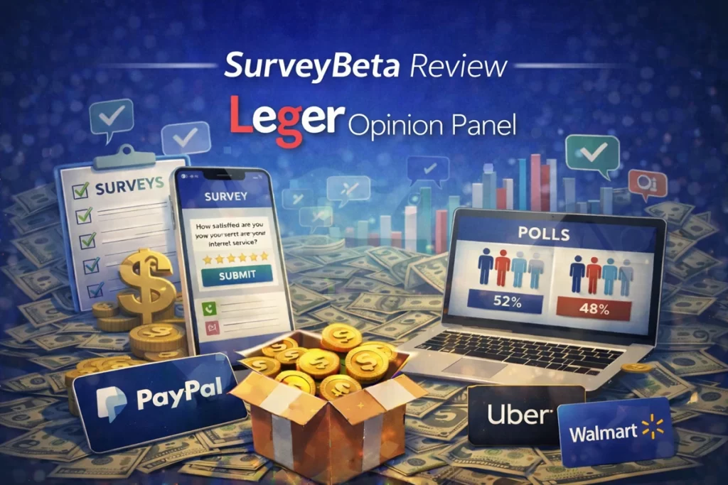 Leger Opinion Panel review showing surveys, polls, and gift card rewards