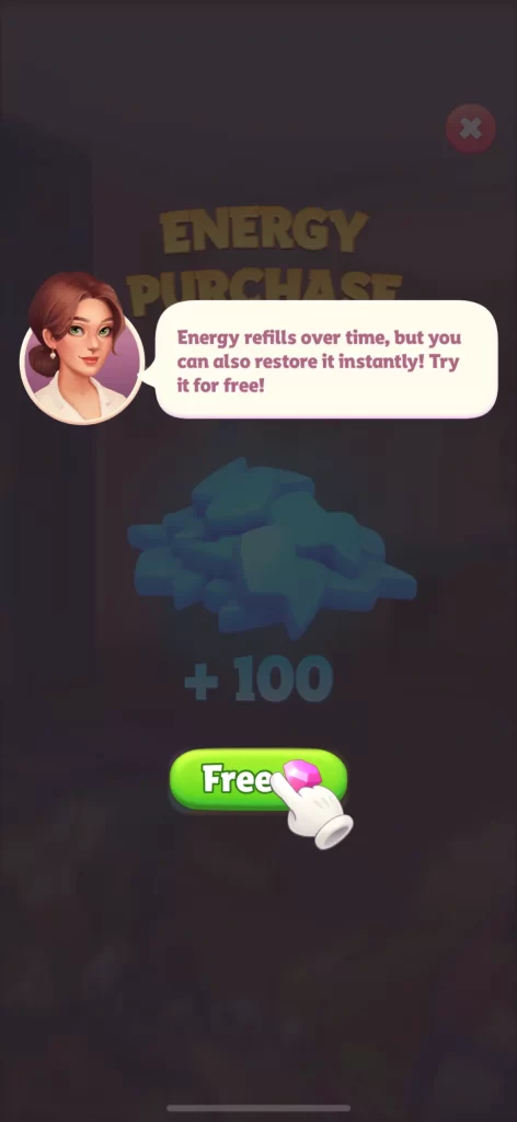 Merge Hotel Empire energy refill screen explaining how energy regenerates over time