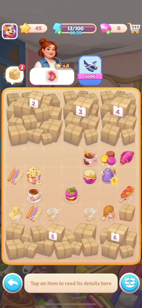 Merge Hotel Empire gameplay showing merge board, items, stars, and energy meter