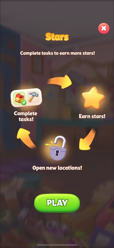 Merge Hotel Empire tutorial explaining how completing tasks earns stars and unlocks new areas