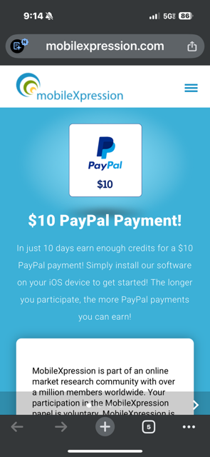 screenshot of mobilexpression home page advertising ten dollar payment