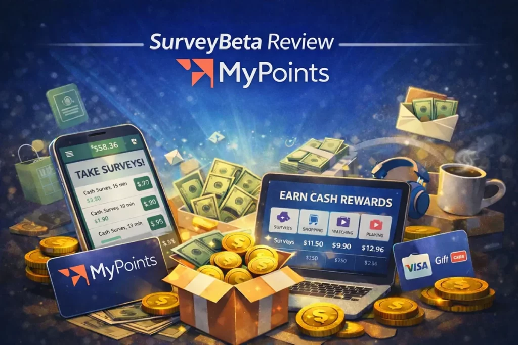 MyPoints rewards platform featured in SurveyBeta review showing surveys, cashback, and gift cards