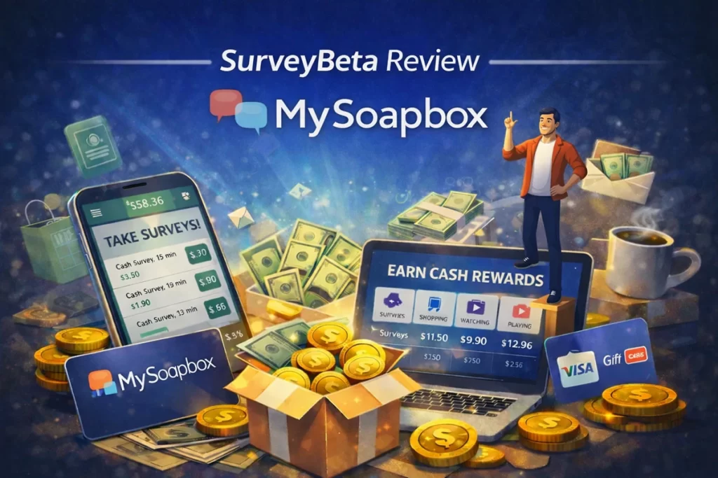 MySoapbox survey rewards featured in SurveyBeta review showing surveys, cash rewards, and gift cards