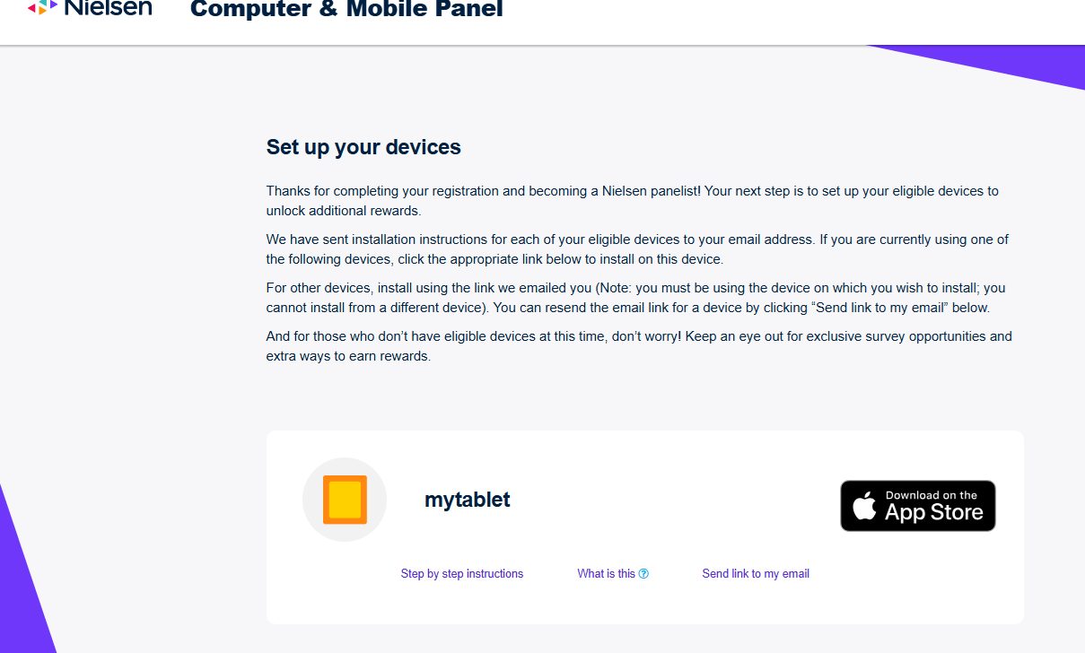 screenshot of registering my tablet with Nielsen Panel for passive income earning