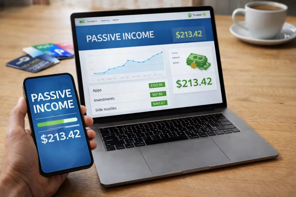 Smartphone and laptop showing a passive income apps dashboard with earnings and activity charts