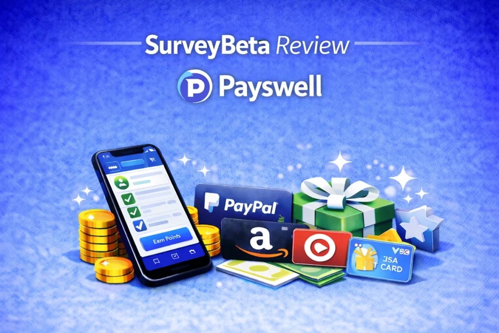 Payswell survey review showing paid surveys, PayPal cash, and gift card rewards