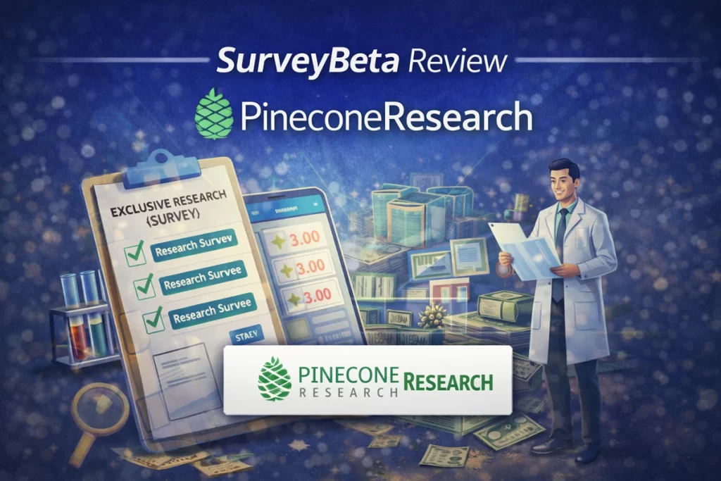 Pinecone Research survey panel featured in SurveyBeta review showing high-paying research surveys