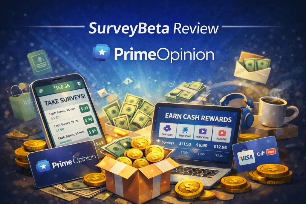 Prime Opinion review showing survey earnings on mobile and laptop with cash rewards and gift cards