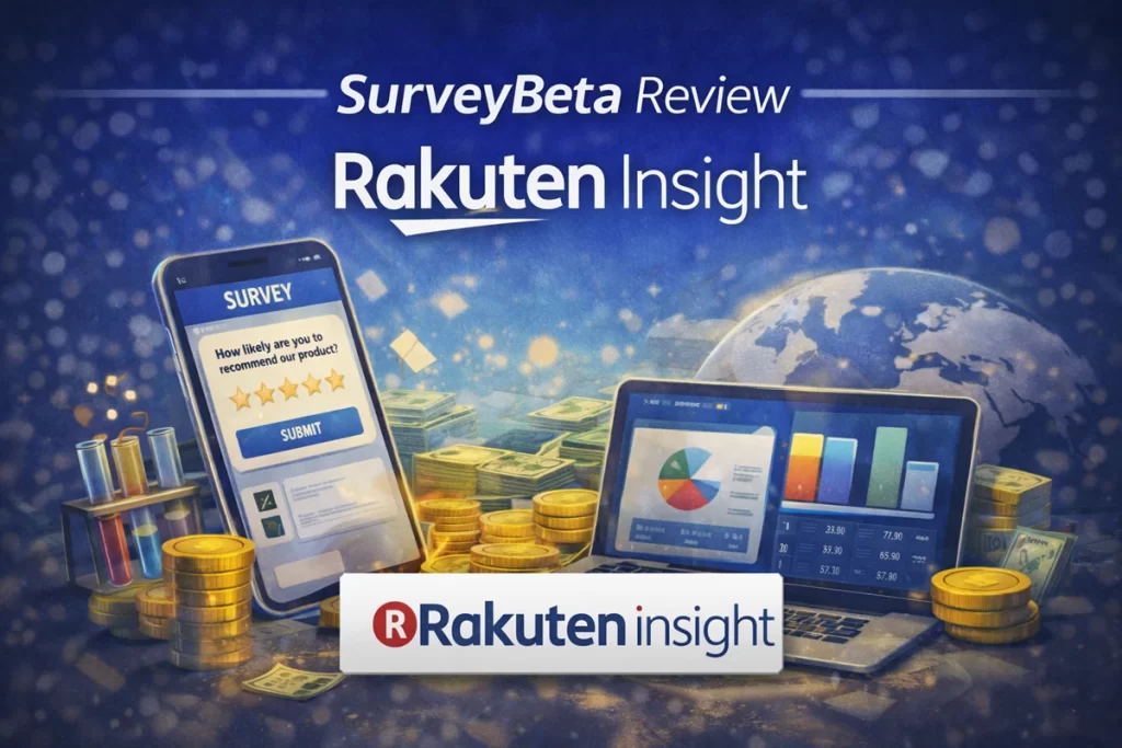 Rakuten Insight survey panel featured in SurveyBeta review showing professional market research surveys
