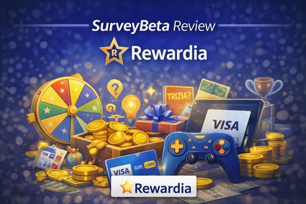 Rewardia rewards platform featured in SurveyBeta review showing games, quizzes, and gift cards