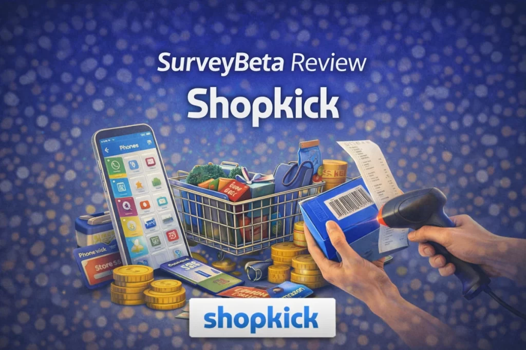 Shopkick shopping rewards app featured in SurveyBeta review showing barcode scanning and in-store rewards