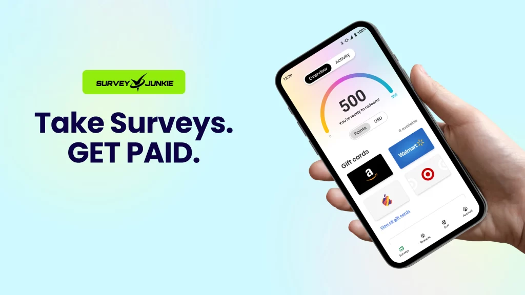 Survey Junkie mobile app showing points balance and gift card rewards dashboard