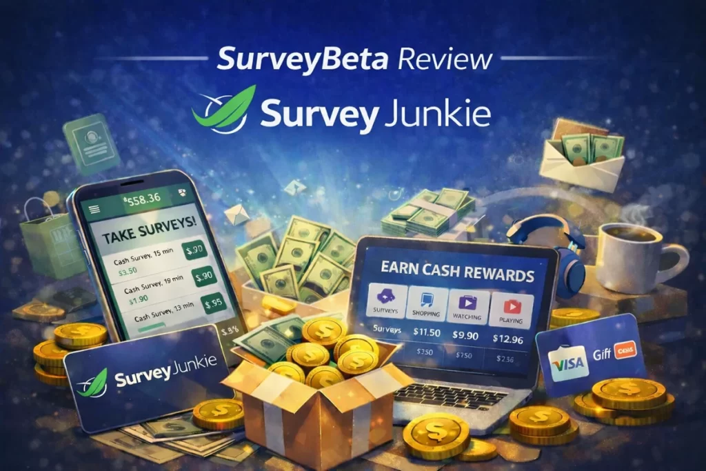 Survey Junkie review showing survey earnings, PayPal rewards, and cash payouts on mobile and laptop