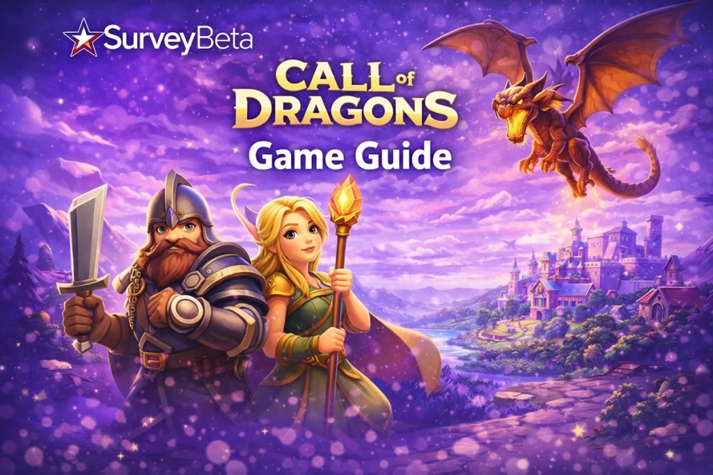 SurveyBeta Call of Dragons game guide featuring fantasy heroes and dragon gameplay