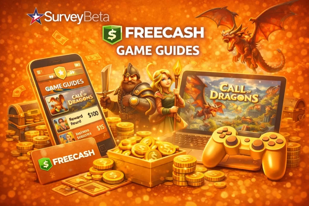 SurveyBeta’s FreeCash Game Guides SurveyBeta’s FreeCash game guides showing how to earn money by playing mobile games
