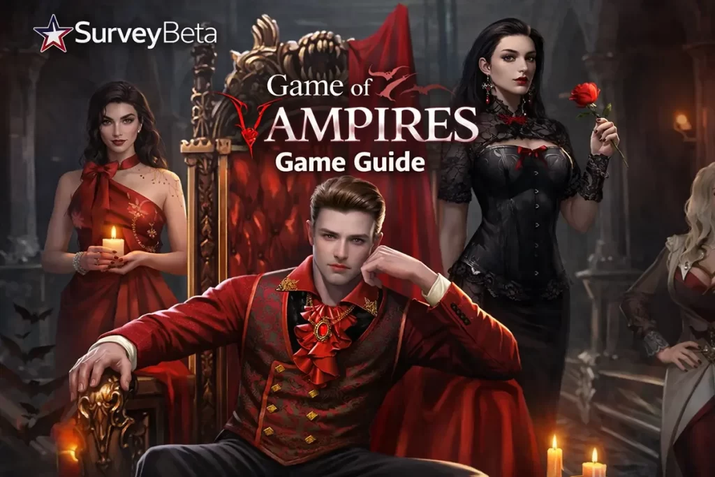 SurveyBeta Game of Vampires game guide featuring vampire characters and gothic gameplay