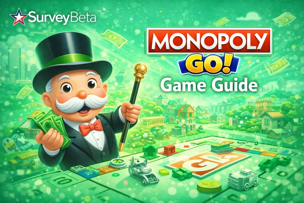 SurveyBeta Monopoly GO game guide featuring Mr. Monopoly and Monopoly GO gameplay
