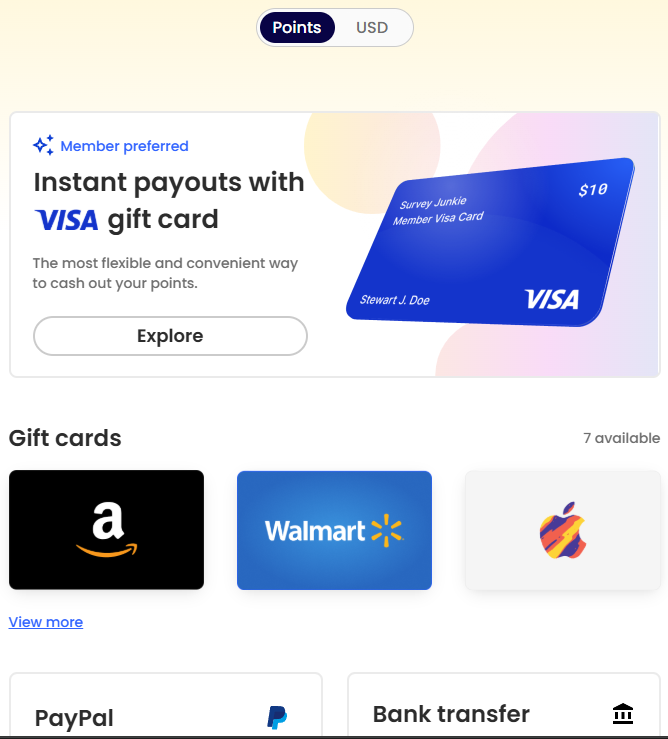 Screenshot of reward pages that SurveyJunkie offers users.