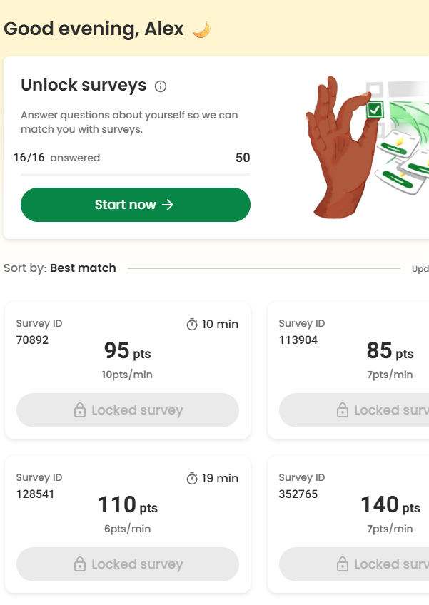 Screenshot of SurveyJunkie dashboard showing what survey opportunities exist.