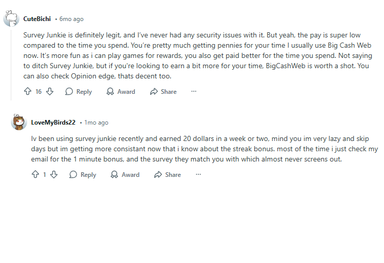Screenshot of important Reddit comments for SurveyJunkie.