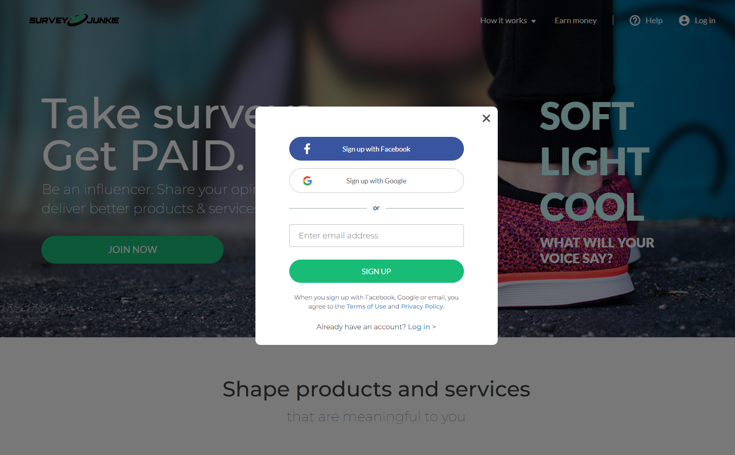 Screenshot of the SurveyJunkie sign up page showing the sign up fields.