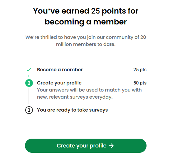 Screenshot of SurveyJunkie after signing up and getting 25 points