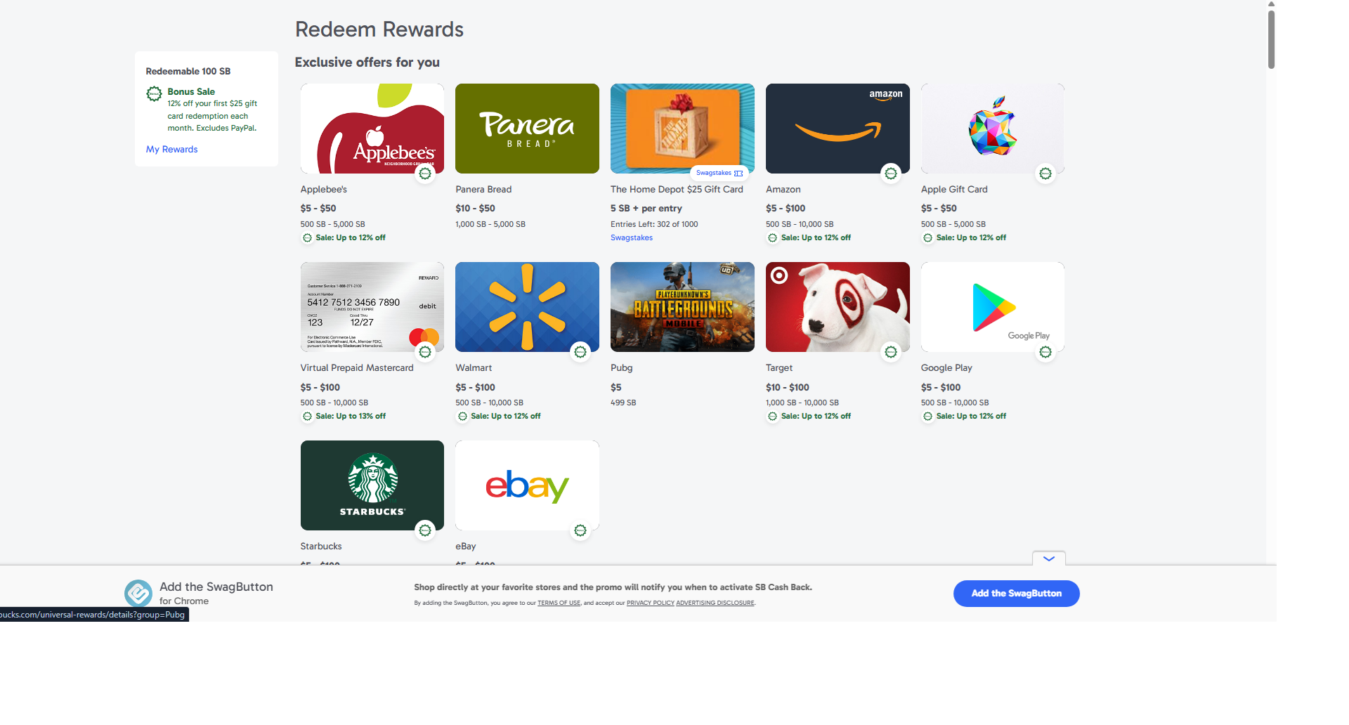 screenshot of swagbucks rewards page and how to redeem rewards