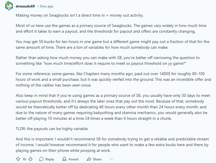 Screenshot of reddit user comments on swagbucks.