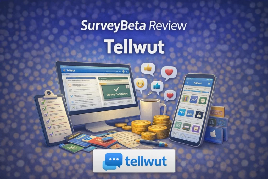 Tellwut survey panel featured in SurveyBeta review showing opinion polls and reward points