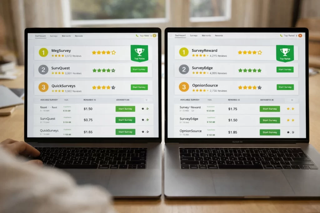 Side-by-side comparison of top paid survey sites with ratings, rankings, and survey rewards