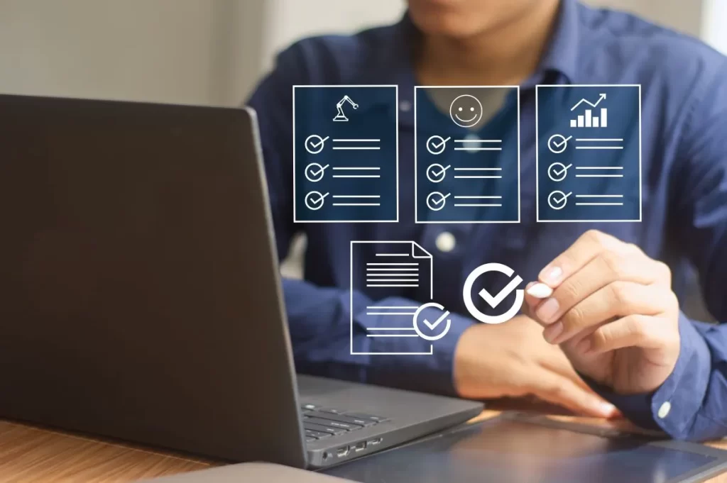Person using a laptop with digital survey checklists and screening icons overlaid, representing survey qualification and data collection.